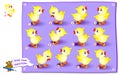 Logical puzzle game for little children. Need to find two identical chickens. Educational page for kids.