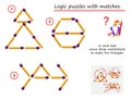Logical puzzle game with matches. In each task need to move three matchsticks to make five triangles. Royalty Free Stock Photo