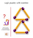 Logical puzzle game with matches. Need to move 2 matchsticks to make 6 triangles. Printable page for brain teaser book.