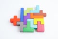 Logical thinking and problem solving problem solution creative business concept, wooden puzzle geometric block shape Royalty Free Stock Photo