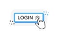 Login blue 3D button with hand pointer clicking. White background. Vector Royalty Free Stock Photo