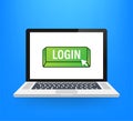 Login button laptop on blue background. Website template design. Click button. Vector stock illustration.