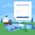 Login concept illustration, man near small lake with laptop concept Royalty Free Stock Photo