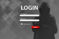 Login form and hacker with lock on dark background.