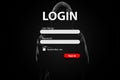 Login form and hacker with lock on dark background.