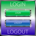 Login and logout buttons on a color reflective surface