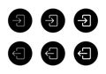 Login and logout icon set on black circle. Enter and exit door sign symbol