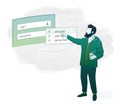 Login process illustration. Bearded man with the cup of coffee selecting login to enter the site.