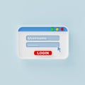 Login Username and password user interface pop-up window on blue background. Computer operating system internet browser and social