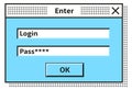 Login window template in retro style. Old pc interface
