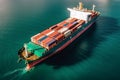 Shipping cargo boat in open sea, aerial view from drone, logistic import and export sea freight business Royalty Free Stock Photo
