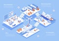 Logistic company concept 3d isometric web scene with infographic. People working in delivery office and provide road, marine and