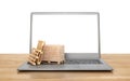 Logistic concept. Cardboard boxes on a notebook keyboard. 3d