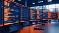 Logistic with control room concept Hightech workspace with multiple computer screens displaying code Royalty Free Stock Photo