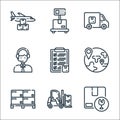 logistic and delivery line icons. linear set. quality vector line set such as fragile, forklift, parcel, worldwide, checklist,