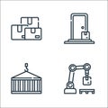 logistic and delivery line icons. linear set. quality vector line set such as robotic arm, container, door delivery