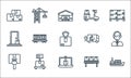 Logistic and delivery line icons. linear set. quality vector line set such as ship, location, barcode, assembly line, weighing