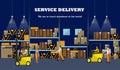 Logistic and delivery service concept banner. Warehouse interior poster. Vector illustration in flat style design Royalty Free Stock Photo