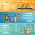 Logistic and delivery service concept banner. Warehouse interior. Vector illustration in flat style design Royalty Free Stock Photo