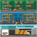 Logistic and delivery service concept banner. Warehouse interior. Vector illustration in flat style design Royalty Free Stock Photo