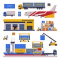 Logistic and Delivery Set, Warehouse Storage Building and Cargo Freight Transportation Vehicles Flat Style Vector Royalty Free Stock Photo