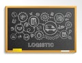 Logistic hand draw integrated icons set on school blackboard
