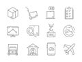 Logistic icon set. Warehouse delivery boxes containers and transport crane ship vector thin line symbols Royalty Free Stock Photo