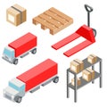Logistic isometric objects, icons, cars and cargo equipment. Vector illustration EPS10.
