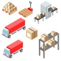 Logistic isometric objects, icons, cars and cargo equipment. Vector illustration EPS10. Royalty Free Stock Photo