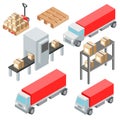 Logistic isometric objects, icons, cars and cargo equipment. Vector illustration EPS10.