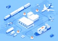 Logistic map delivery way international shipment air truck maritime train isometric vector