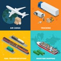 Logistic realistic icons set of air cargo, trucking, rail transportation, meritime shipping. On-time delivery. Delivery