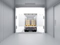 Logistic trailer truck or lorry fully loading cardboard boxes