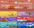 Logistic and transportation concept flat banners. Vector set of truck, ship, train, air transport delivery, shipping Royalty Free Stock Photo