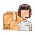 logistic worker with headset and box