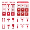 Logistics box signs and grunge stamp set for cargo. Fragile, arrow up, keep dry umbrella. Vector sticker