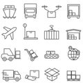 Logistics, cargo and shipping line icons