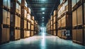 Logistics center, products at warehouse. Large storage hall with stacked boxes . ai generated Royalty Free Stock Photo