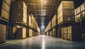 Logistics center, warehouse. Huge storage hall with stacked boxes . ai generated Royalty Free Stock Photo