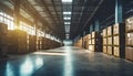 Logistics center, warehouse. Huge storage hall with stacked boxes . ai generated Royalty Free Stock Photo