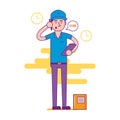 Logistics company courier or delivery man character standing wit