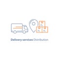 Logistics company, delivery truck, move service, courier, receive parcel box, vector line icon