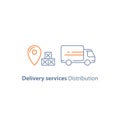 Logistics company, delivery truck, move service, courier, receive parcel box, vector line icon