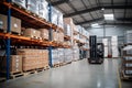 Logistics company, warehouse, cardboard boxes and shelves with parcels. Customs warehouse specialist. Warehouse delivery service.