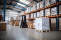 Logistics company, warehouse, cardboard boxes and shelves with parcels. Customs warehouse specialist. Warehouse delivery service.