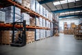 Logistics company, warehouse, cardboard boxes and shelves with parcels. Customs warehouse specialist. Warehouse delivery service.