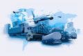 Logistics concept. Multiple exposure of transports and world map, toned in blue