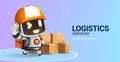 Logistics delivery vector design. Logistics services text with robot delivery mascot assistant character with boxes element. Royalty Free Stock Photo