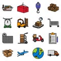 Logistics distribution related vector icon set collection pack, sign and symbol in outline and flat style.