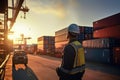 Logistics engineer control at the port, loading containers for trucks export and importing logistic